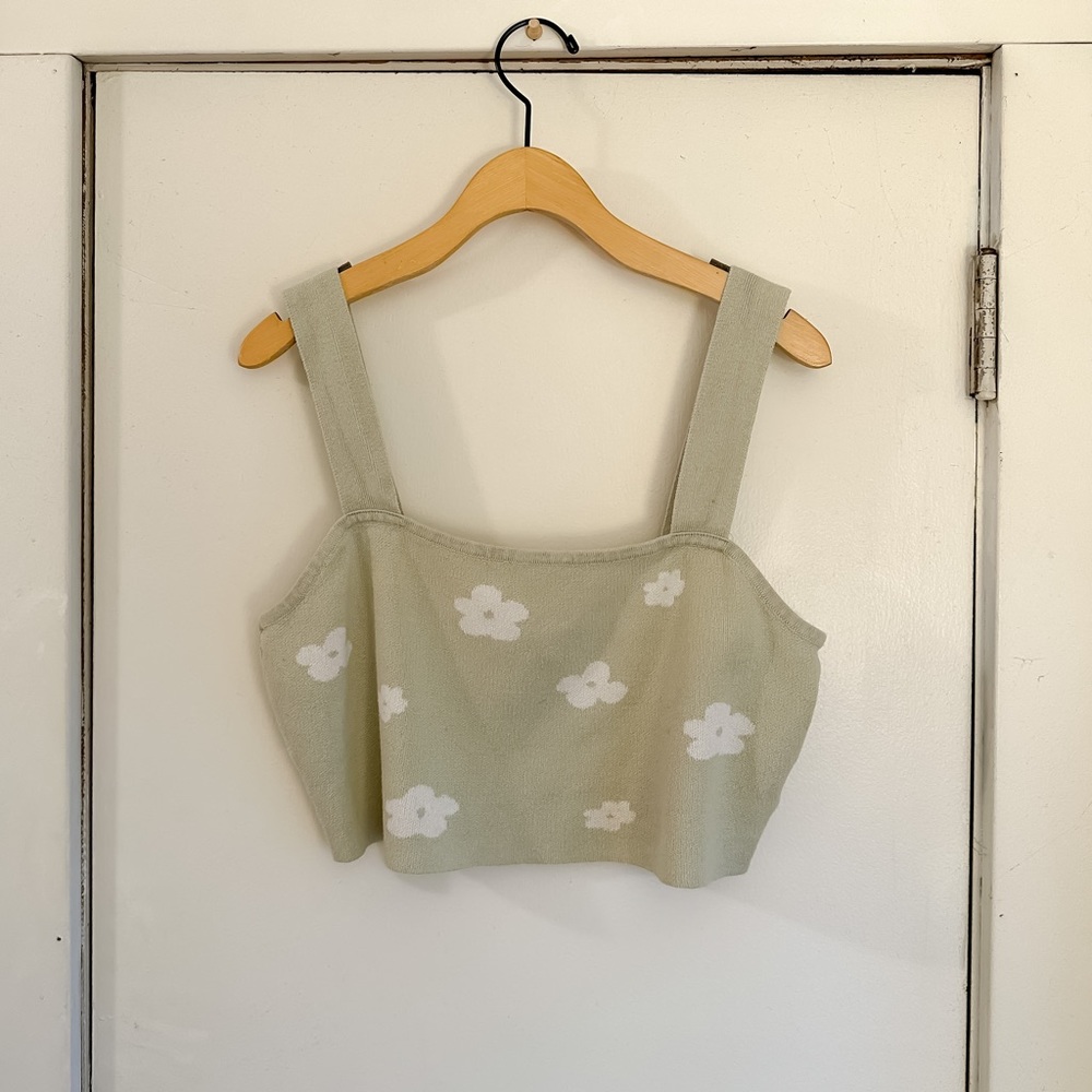 Retro Floral Print Mint Green Cotton Knit Cropped Sweater Tank